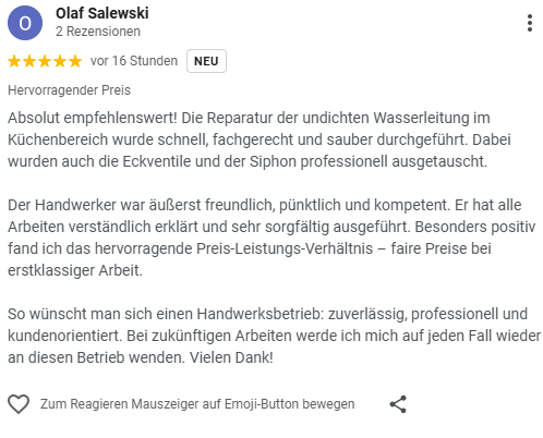 Austausch und Neu Installation der Wasserzuführung und Ablauf Spüle Küche Bewertung eines Handwerkers, der präzise und professionell arbeitet. Kunden empfehlen ihn.