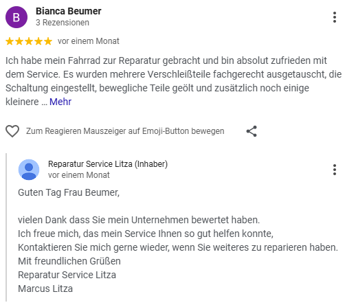 Bewertung Reparatur Service Litza